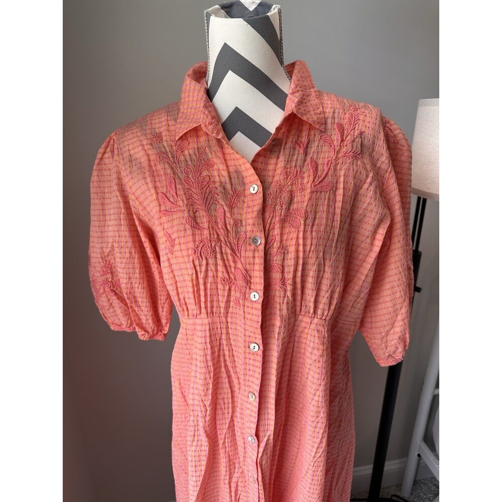 Johnny Was Orla Puff Sleeve Cotton Shirt Dress Midi Pink Orange Embroidered NWT - Picture 7 of 8